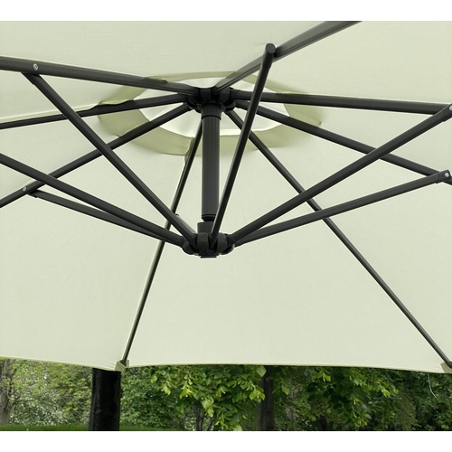 354 - SUN UMBRELLA, circular cream canvas retractable wind up with frame and weights, 300cm W. (6)