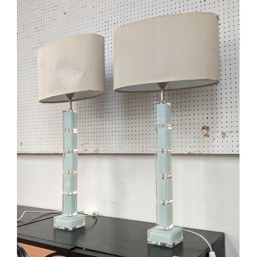 507 - TABLE LAMPS, a pair, slender perspex design with shades, 80cm H. (2)