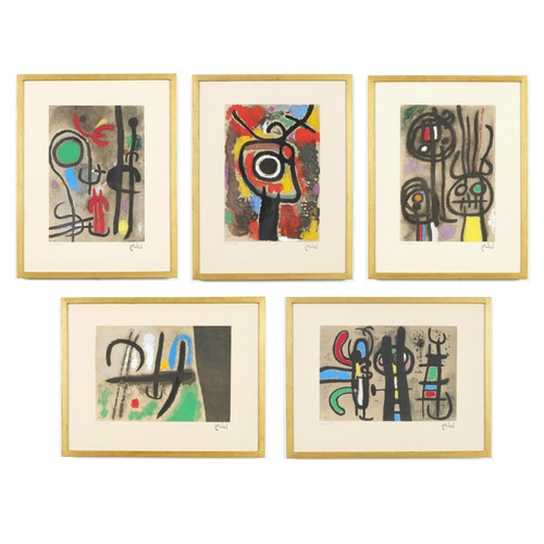 98 - JOAN MIRO, a set of five signed in the plate, abstract pochoirs, stamped signature, numbered edition... 