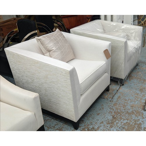 375 - BESPOKE SOFA LONDON ARMCHAIRS, a pair, white fabric upholstered with differing textured fabric detai... 