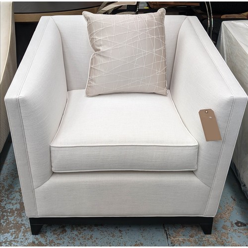 375 - BESPOKE SOFA LONDON ARMCHAIRS, a pair, white fabric upholstered with differing textured fabric detai... 