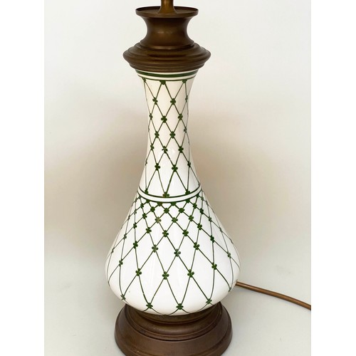 148 - TABLE LAMPS, a pair, baluster form vase shaped and trellis decorated with gilt metal mounts and shad... 