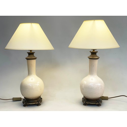 152 - TABLE LAMPS, a pair, gourd vase form crackle glaze with gilt metal mounts and shades. (2)