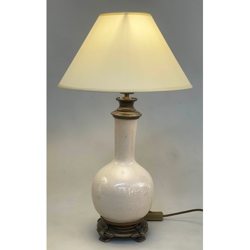 152 - TABLE LAMPS, a pair, gourd vase form crackle glaze with gilt metal mounts and shades. (2)