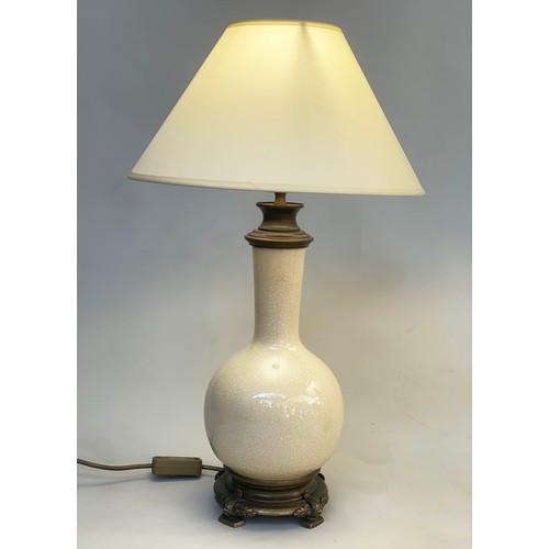 152 - TABLE LAMPS, a pair, gourd vase form crackle glaze with gilt metal mounts and shades. (2)