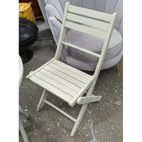 391 - TERRACE SET, including table 60cm diam. x 73cm and chair 81cm H, grey painted, fold up design. (2)