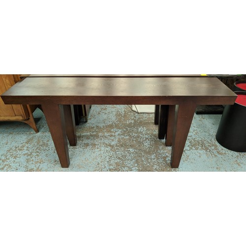 512 - CONSOLE TABLE, contemporary design, dark wood, tapered supports, 184cm x 40cm x 80.5cm.