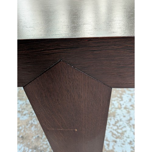 512 - CONSOLE TABLE, contemporary design, dark wood, tapered supports, 184cm x 40cm x 80.5cm.