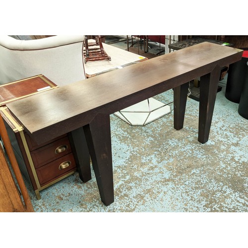 513 - CONSOLE TABLE, contemporary design, dark wood, tapered supports, 184cm x 40cm x 80.5cm.