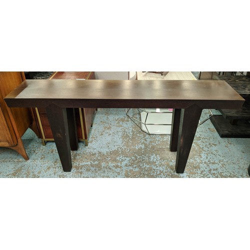 513 - CONSOLE TABLE, contemporary design, dark wood, tapered supports, 184cm x 40cm x 80.5cm.