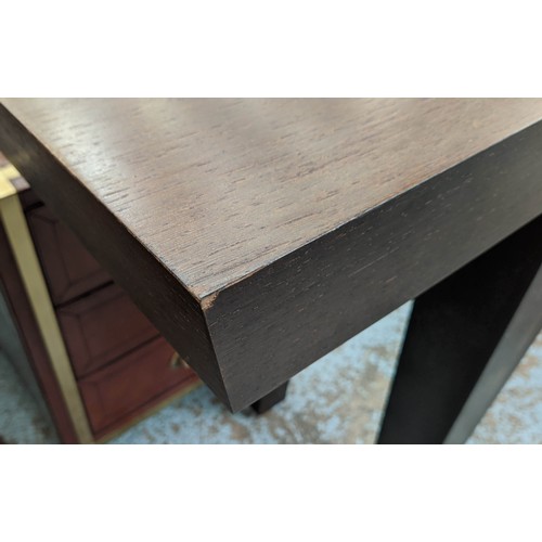 513 - CONSOLE TABLE, contemporary design, dark wood, tapered supports, 184cm x 40cm x 80.5cm.