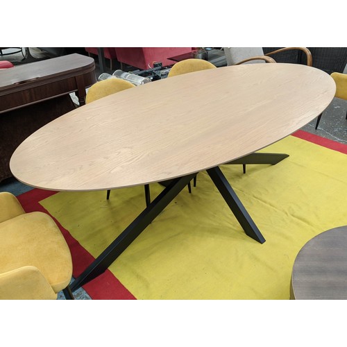 516 - DINING TABLE, contemporary design, oval wood top, metal base, 225cm x 115cm x 75cm.