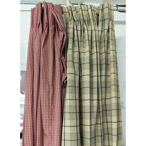 418 - CURTAINS, two pairs, comprising a red and cream chequered pair, 230cm L, gathered 110cm W, plus a be... 