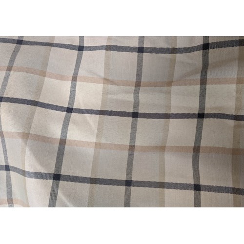 418 - CURTAINS, two pairs, comprising a red and cream chequered pair, 230cm L, gathered 110cm W, plus a be... 