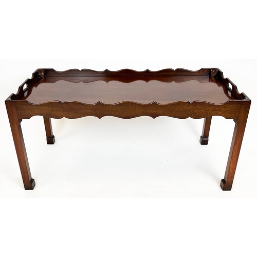 143 - TRAY TABLE, George III design mahogany, shaped gallery top on square supports, 50cm H x 107cm x 51cm... 