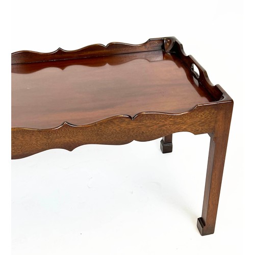 143 - TRAY TABLE, George III design mahogany, shaped gallery top on square supports, 50cm H x 107cm x 51cm... 