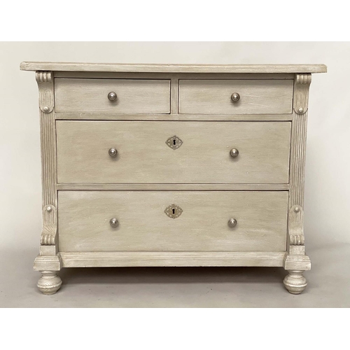 132 - COMMODE, 19th century French traditionally grey painted with two short above two long drawers, 103cm... 