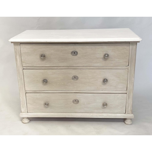 134 - COMMODE, 19th century French traditionally grey painted with three long drawers and white moulded to... 