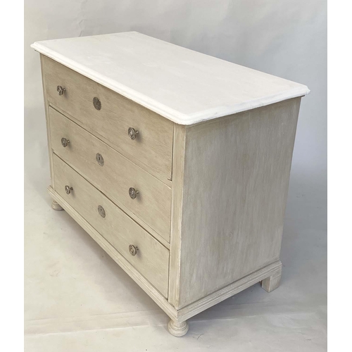 134 - COMMODE, 19th century French traditionally grey painted with three long drawers and white moulded to... 