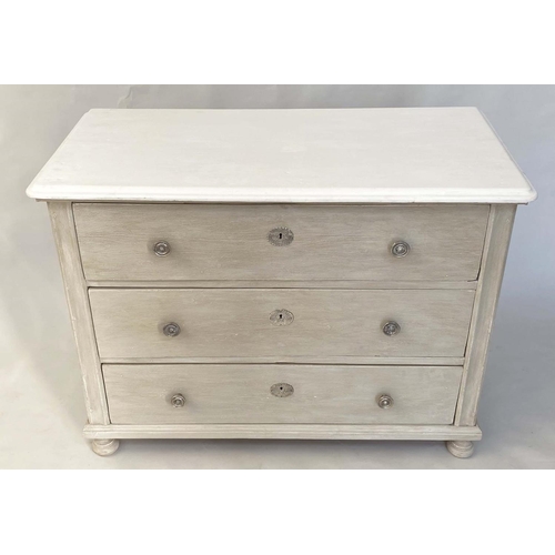 134 - COMMODE, 19th century French traditionally grey painted with three long drawers and white moulded to... 