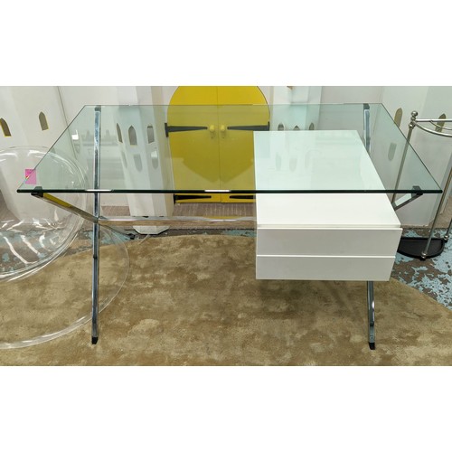 518 - DESK, 122cm x 66cm x 71cm, contemporary Danish style, bevelled glass top, X frame base, two drawers.