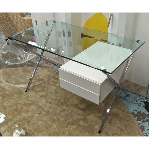 518 - DESK, 122cm x 66cm x 71cm, contemporary Danish style, bevelled glass top, X frame base, two drawers.