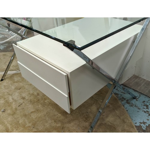 518 - DESK, 122cm x 66cm x 71cm, contemporary Danish style, bevelled glass top, X frame base, two drawers.