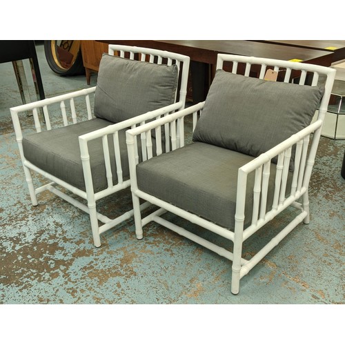 520 - FAUX BAMBOO CHAIRS, a pair, painted metal, loose cushions, 65cm x 70cm x 83cm. (2)