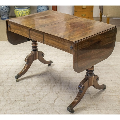 135 - SOFA TABLE, 71cm H x 93cm x 63cm D, 150cm open, Regency mahogany and banded with two drawers and bra... 