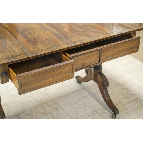 135 - SOFA TABLE, 71cm H x 93cm x 63cm D, 150cm open, Regency mahogany and banded with two drawers and bra... 