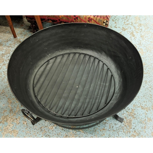 327 - FIRE BOWL, 80cm x 47cm, black painted metal with grill, on stand.