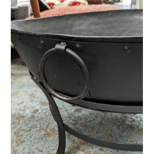 327 - FIRE BOWL, 80cm x 47cm, black painted metal with grill, on stand.