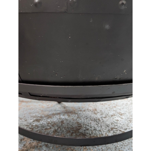 327 - FIRE BOWL, 80cm x 47cm, black painted metal with grill, on stand.