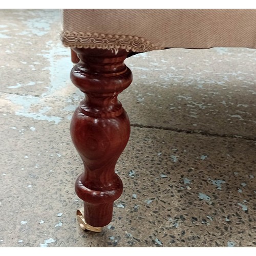 350 - HEARTH STOOL, 124cm x 61cm x 32cm, Victorian style, deep buttoned neutral upholstery, turned legs.