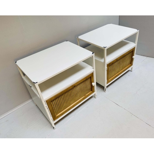 351 - SIDE CABINETS, a pair, 51cm H x 50cm W x 40cm D, painted metal with caned panel (2)