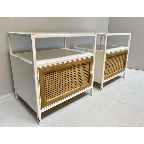 351 - SIDE CABINETS, a pair, 51cm H x 50cm W x 40cm D, painted metal with caned panel (2)