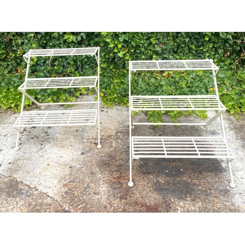 347 - GARDEN ETAGERES, a pair, 59cm H x 69cm W x 69cm D, three tier, white painted metal. (2)