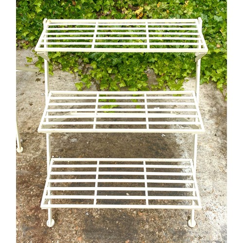 347 - GARDEN ETAGERES, a pair, 59cm H x 69cm W x 69cm D, three tier, white painted metal. (2)