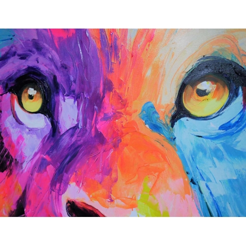 348 - CONTEMPORARY SCHOOL, portrait of a lion, acrylic on canvas, 120cm x 100cm.