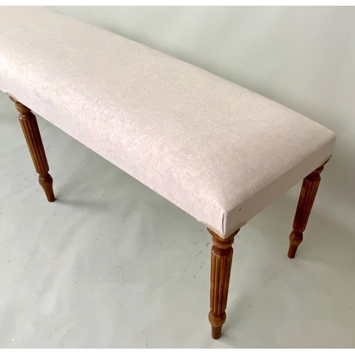 337 - HALL SEAT, neutral linen upholstery, turned supports, 49cm x 151cm x 41cm.