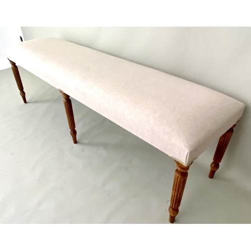 337 - HALL SEAT, neutral linen upholstery, turned supports, 49cm x 151cm x 41cm.