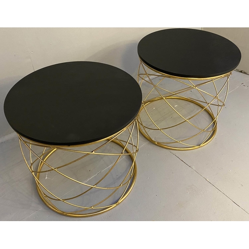 334 - SIDE TABLES, a pair, 45cm H x 46cm diam., 1970s Italian style, gilt metal bases, ebonised circular w... 