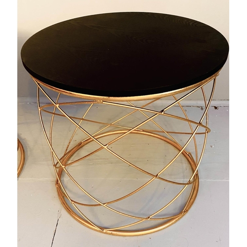 334 - SIDE TABLES, a pair, 45cm H x 46cm diam., 1970s Italian style, gilt metal bases, ebonised circular w... 