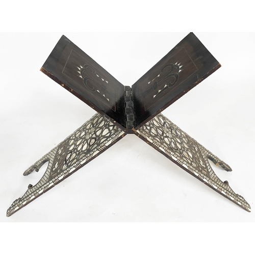 154 - KORAN STAND, 19th century Moorish hardwood, profusely inset with mother of pearl and bone, 96cm W x ... 