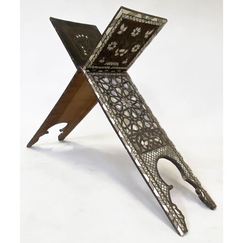 154 - KORAN STAND, 19th century Moorish hardwood, profusely inset with mother of pearl and bone, 96cm W x ... 