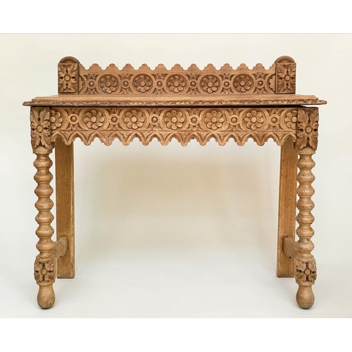 156 - HALL TABLE, 19th century Gothic carved oak with raised back, 104cm W x 92cm W cm x 42cm D.