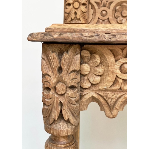 156 - HALL TABLE, 19th century Gothic carved oak with raised back, 104cm W x 92cm W cm x 42cm D.