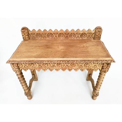 156 - HALL TABLE, 19th century Gothic carved oak with raised back, 104cm W x 92cm W cm x 42cm D.