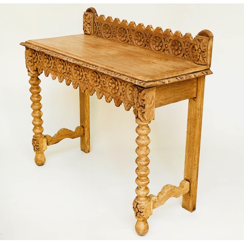 156 - HALL TABLE, 19th century Gothic carved oak with raised back, 104cm W x 92cm W cm x 42cm D.