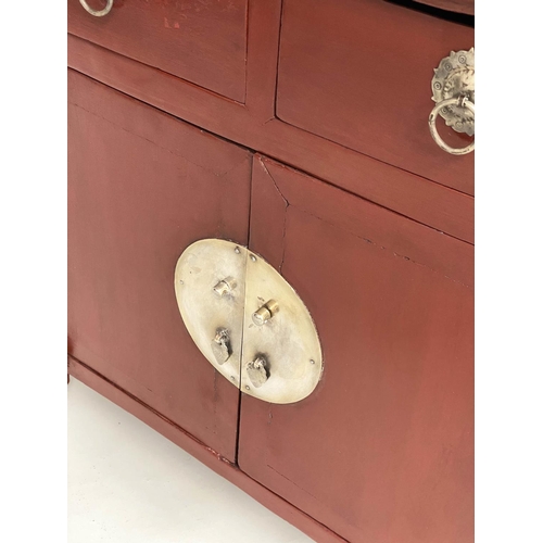 160 - CHINESE CABINET, 19th century scarlet lacquered and silvered metal mounted with two drawers and two ... 